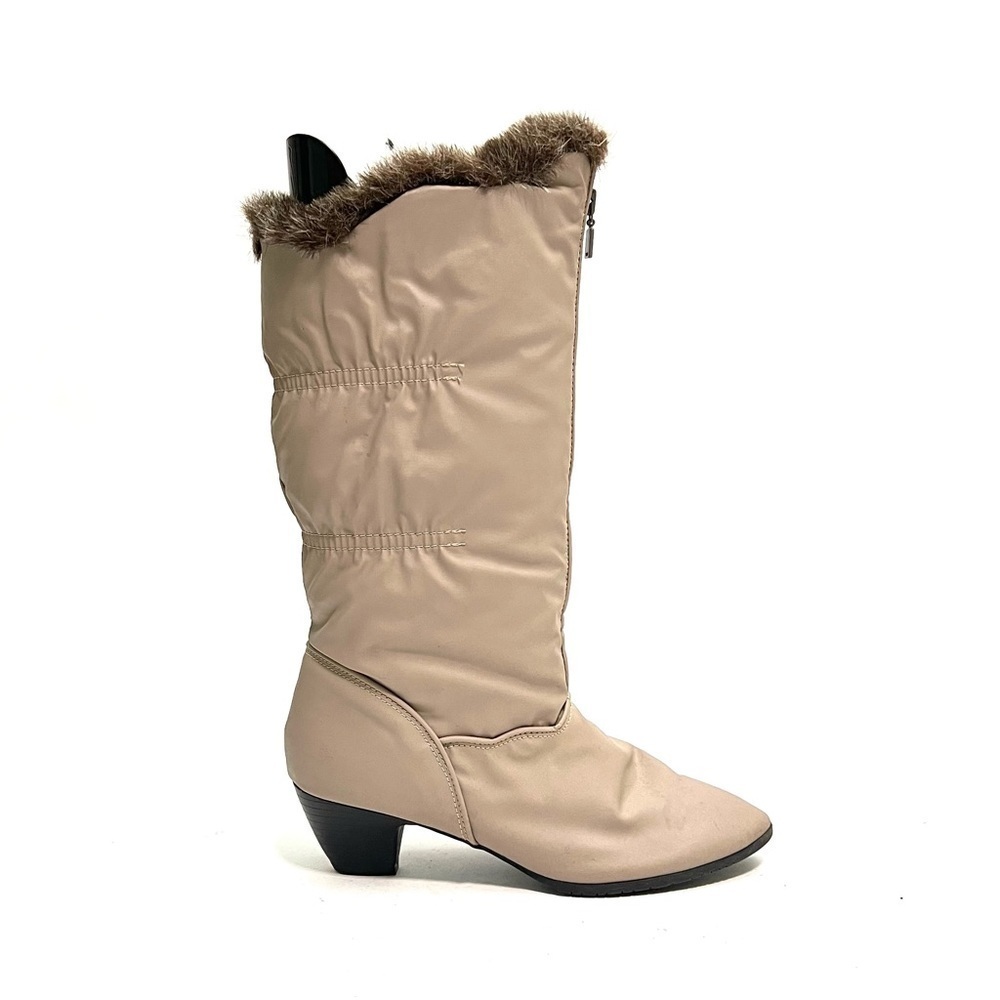 Vintage 1970s khaki nylon faux fur zip front knee high heeled winter boots